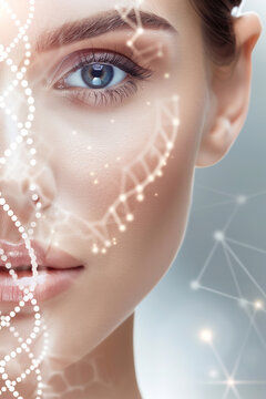 Skincare, science and cotton on woman face in studio with dna, genetics or checklist overlay.