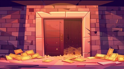 Bank vault safe robbery. Modern cartoon illustration of empty room with open door, some money, and a dug hole. Theme of stealing, financial crime, loose money, or bankruptcy.