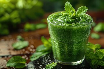 A vibrant green spirulina smoothie poured into a clear glass.