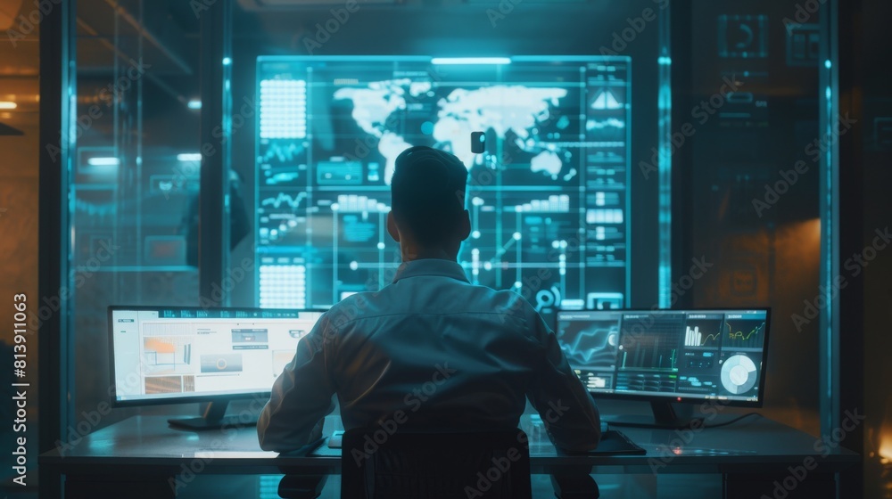 Poster creative designer works on the transparent computer display in a futuristic office. screen shows pro