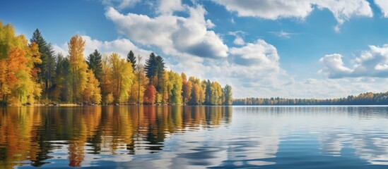 Fototapeta premium Autumn trees and forests create a picturesque scene on an island in a lake complemented by a cloudy sky as a backdrop Copy space is available