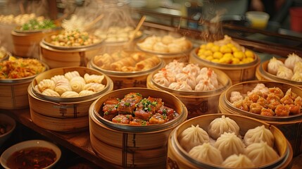 Various kinds of Chinese steamed dumplings in bamboo baskets