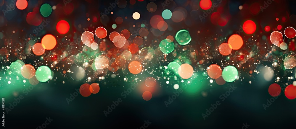 Poster a visually striking and festive bokeh texture in vibrant shades of red and green on a dark backdrop 