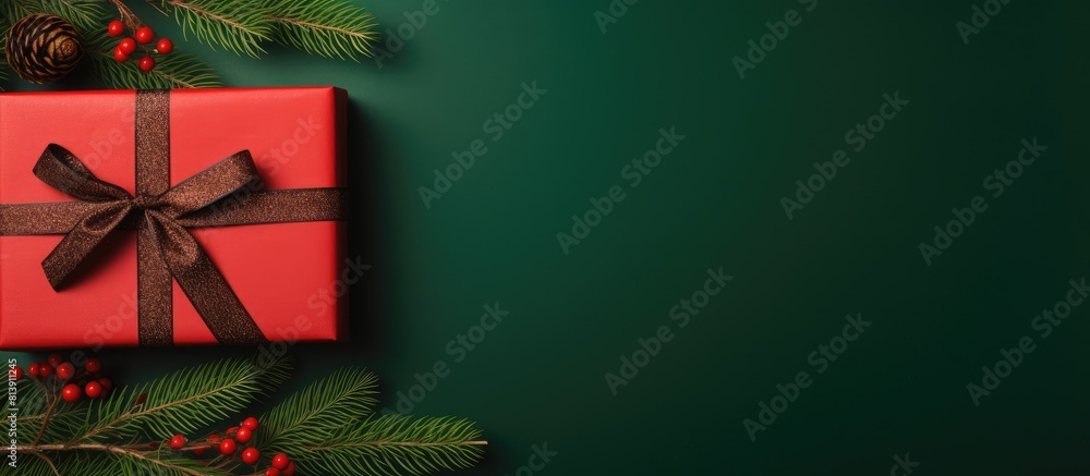 Poster The top view of a holiday composition with gift boxes loops of rope and a green fir tree branch on a red background providing ample copy space for text or images