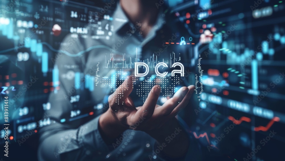 Poster futuristic data analytics concept with professional analyzing digital growth charts
