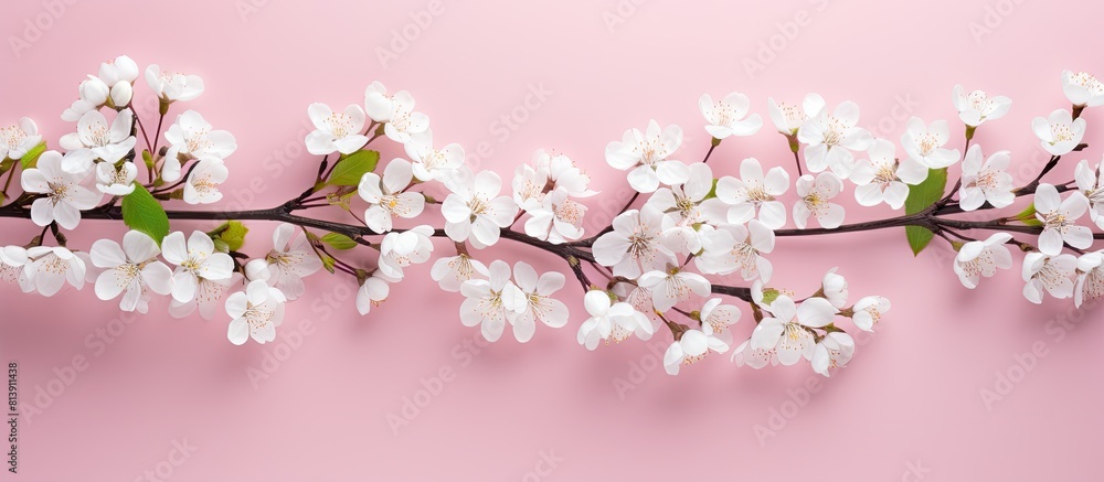 Poster delicate white flowers adorn the lovely spring twigs on a pink background in a top view flat lay cre