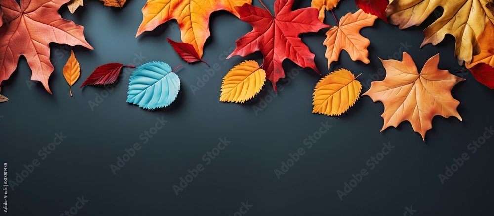Poster top view of a stunning autumn inspired flat lay with colorful leaves as a backdrop providing copy sp