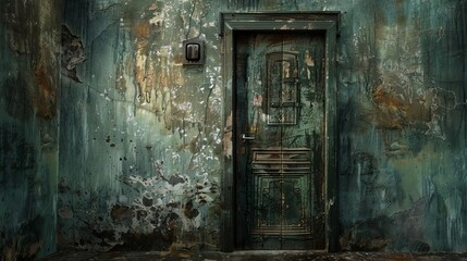 Craft a thought-provoking composition featuring a bold frontal perspective of a weathered door at 42 degrees angle