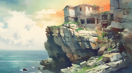 Crumbling Cliff Watercolor