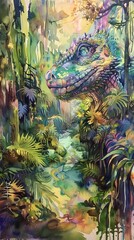Craft an intricate, dreamlike depiction of a mythical creature in a dense forest, viewed from a 59deg angle, using watercolors to blend vibrant hues and create a sense of mystery
