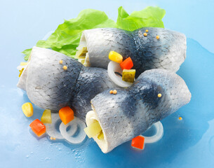 Rollmops, Hering, Heringsfilet, Gurke, Zwiebeln, 