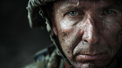 Obraz premium Create a striking image of a soldiers solemn frontal portrait