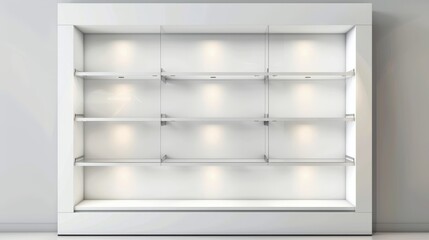 A white showcase in a store, boutique or gallery. Modern realistic mockup of an empty display stand, rack, or bookshelf as part of a presentation or museum.