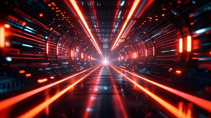 Obraz premium A long, dark tunnel with red glowing lights on the walls and floor. At the end of the tunnel is a bright light.