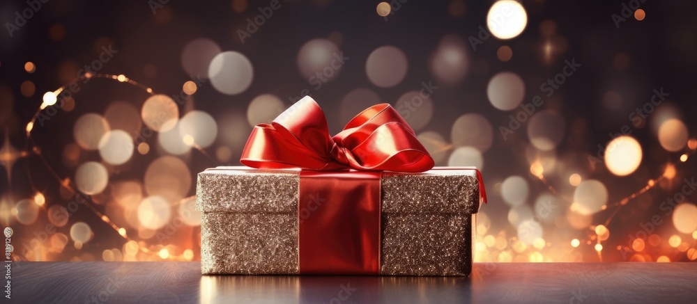 Poster A luxurious New Year and Christmas celebration with a gift box adorned by a lively red bow complemented by a background filled with twinkling party lights creating a festive bokeh effect Copy space i