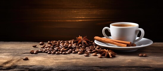 A rustic wooden table holds a cup of coffee adorned with coffee beans and a sprinkle of cinnamon The image offers ample copy space