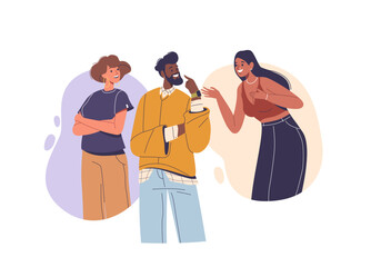 Man Pondering, Stands With Two Women, One Waiting Calmly And The Other Actively Engaging To Compete For His Attention