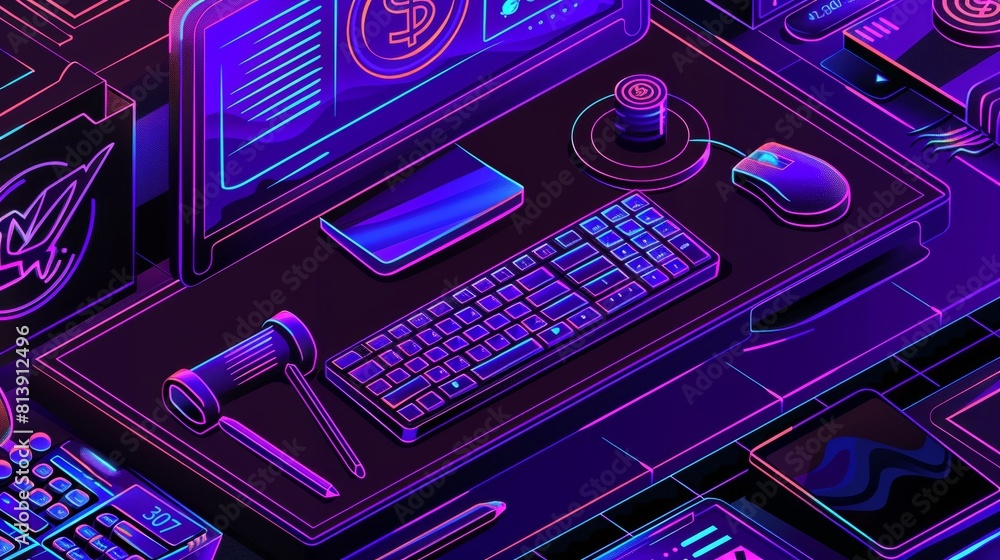 Aufkleber pay per click isometric landing page, computer desktop with cursor clicking on ad button, money bill