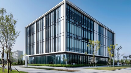 Fototapeta premium Modern Chinese Style Office Building with Towering White Walls and Iconic Black Frames