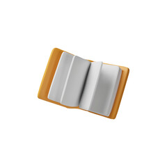 Brown hardcover opened book with white sheets fluttering 3D vector, volume open notepad in the air, textbook, literature