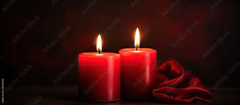 Poster dark background with two red burning candles providing ample copy space image
