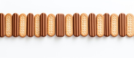 A neatly arranged biscuit wafer stick or roll with chocolate on a white background providing copy space for text or other elements