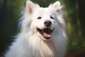 Cheerful american eskimo dog with a fluffy white coat smiling in a natural setting