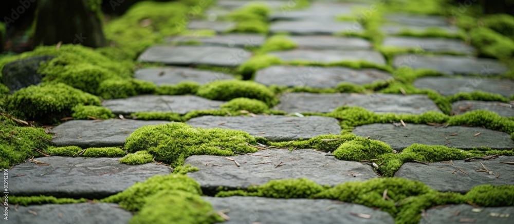 Poster a stone tile walkway with a moss covered texture background. copy space image. place for adding text