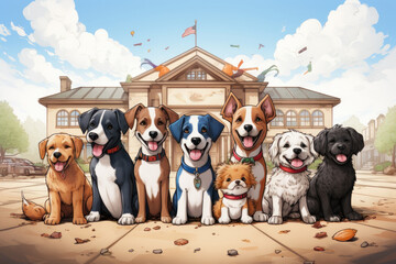 Illustration representing the loving care provided at a Dog Daycare Center. The illustration features a diverse group of dogs, each engaged in various activities.
