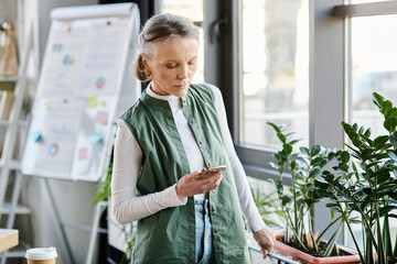 Attractive businesswoman, in a green vest, engrossed in her cell phone.