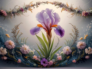 A floral border with a purple iris and a purple iris.