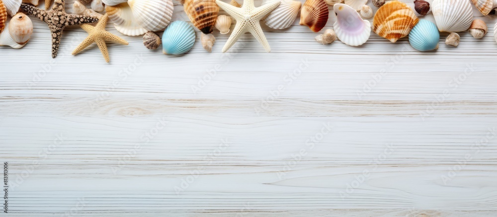 Poster top view of a white wooden table adorned with seashells creating a serene summer background perfect 
