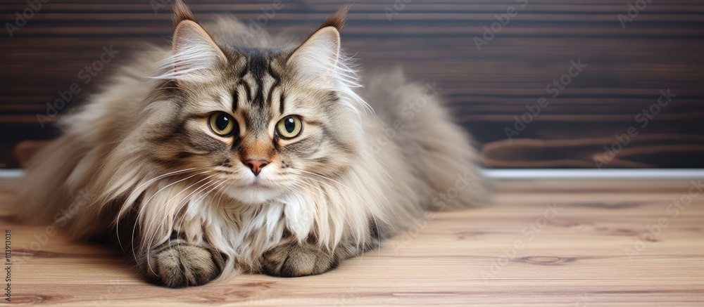 Poster top view of a young siberian cat lying down in a portrait with ample copy space image