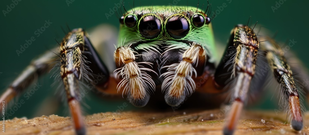 Poster jumping spider with green and white background in macro view ideal for copy space image