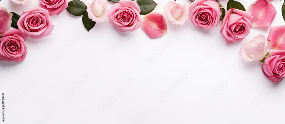 Poster top down view of a rose flower frame on a white background perfect for flat lay designs copy space i
