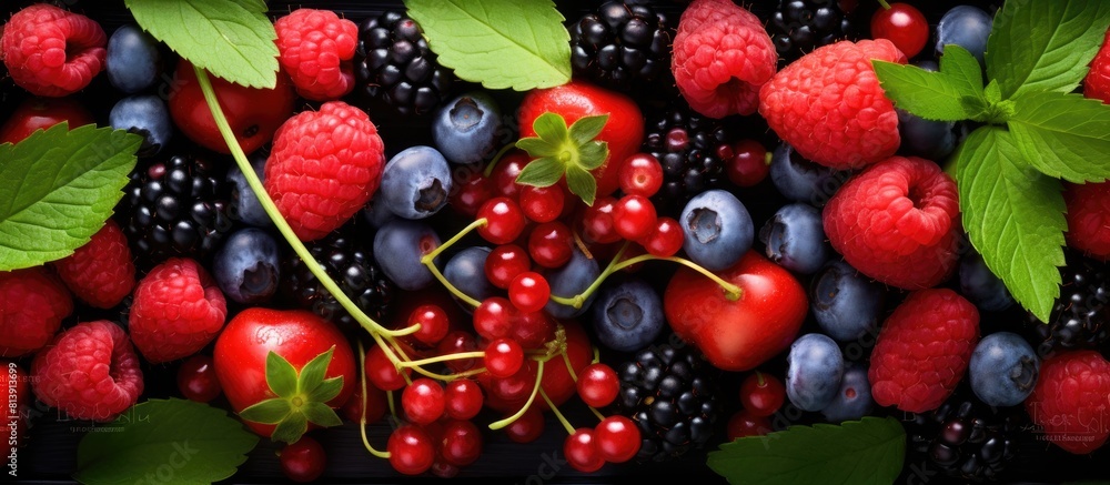 Poster Top view of a box filled with fresh summer berries including cherry blueberry strawberry and mint This copy space image is perfect for adding your own text