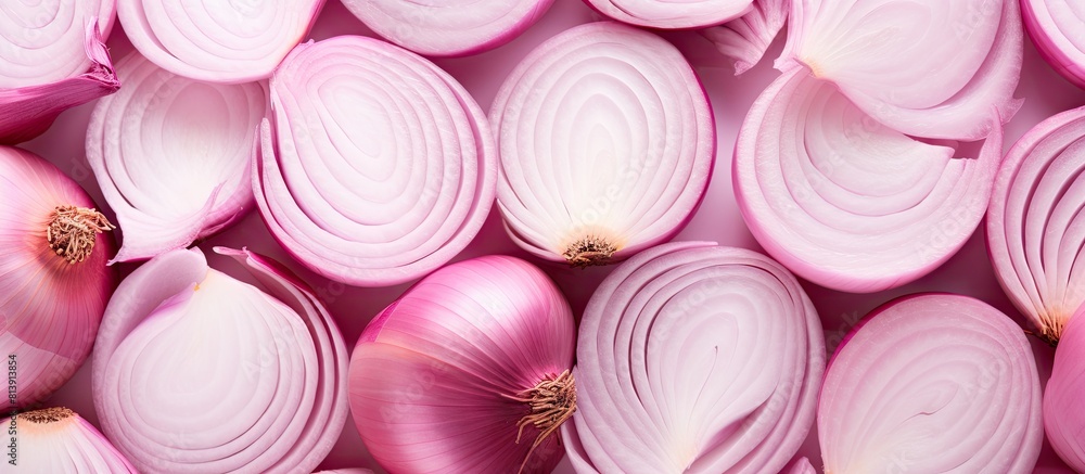 Poster the image showcases a beautiful arrangement of sliced pink onions forming an isolated pattern within