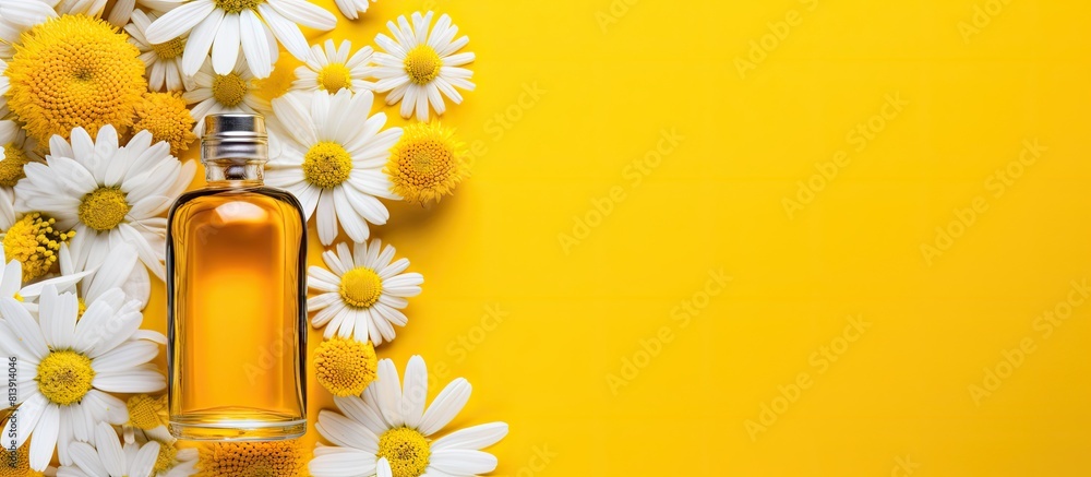 Poster top view of a bottle containing chamomile essential oil and flowers placed on a colorful background 
