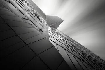 A black and white photo of a tall building. Suitable for architectural projects