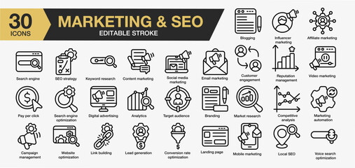 Set of 30 Marketing & Seo icon set. Editable Stroke Icon Collection. Includes blogging, pay per click, sosial media , branding,mobile marketing and More. Outline icons vector collection.