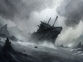 Fototapeta premium Watercolor painting of the ship in the stormy weather in the sea