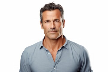 Fototapeta premium Portrait of a tender man in his 40s with arms crossed isolated in white background