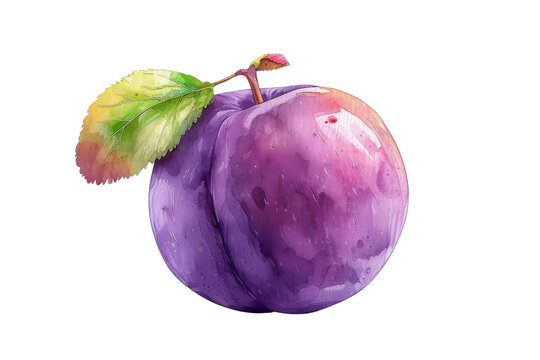 Purple plum with green leaf, watercolor illustration, isolated on black background.