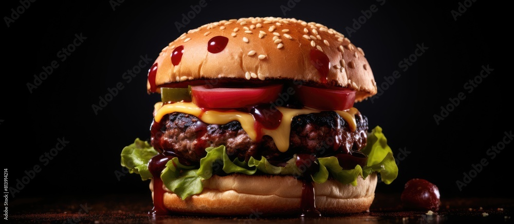Poster cheeseburger featuring a black bun and cherry sauce showcased on a dark background with ample copy s