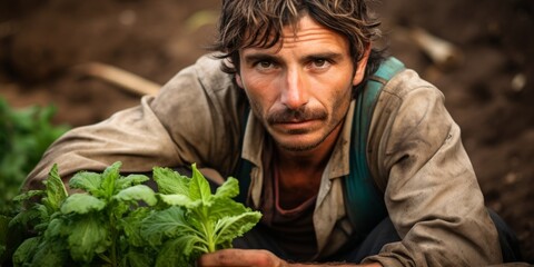 A male farmer works in the beds on his farmland. Generative AI.