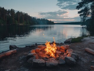 A campfire crackling on the shore of a lake