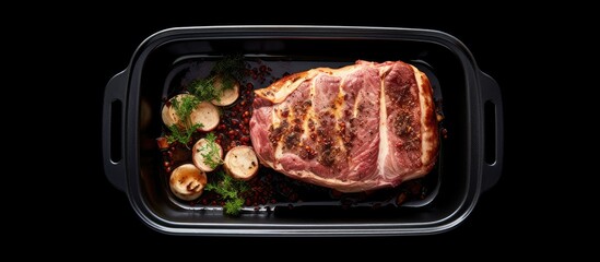 A top view of a ceramic dish with baked meat in the oven presenting a copy space image