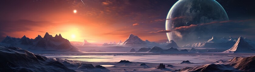  a beautiful landscape of another planet with a large moon in the sky. The planet is covered in snow and ice.