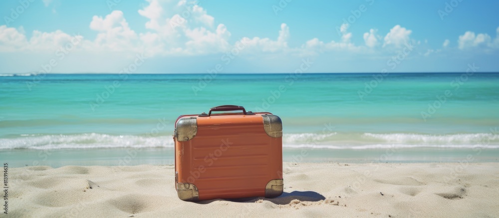 Poster beach themed suitcase on sand by the ocean perfect for text. copy space image. place for adding text