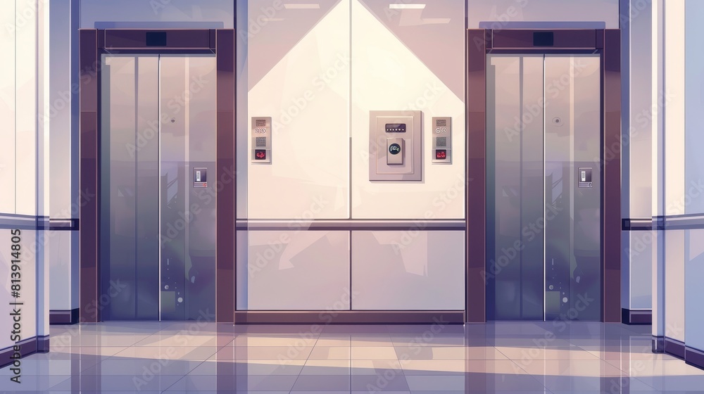 Poster empty modern lobby with metal elevator doors, button panel and floor display. modern realistic empty